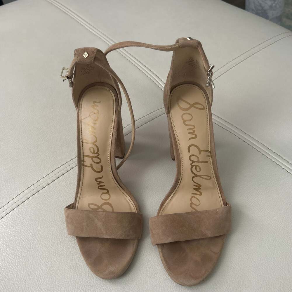 Sam Edelman Yaro Nude Suede Block Heel Ankle Strap Sandals